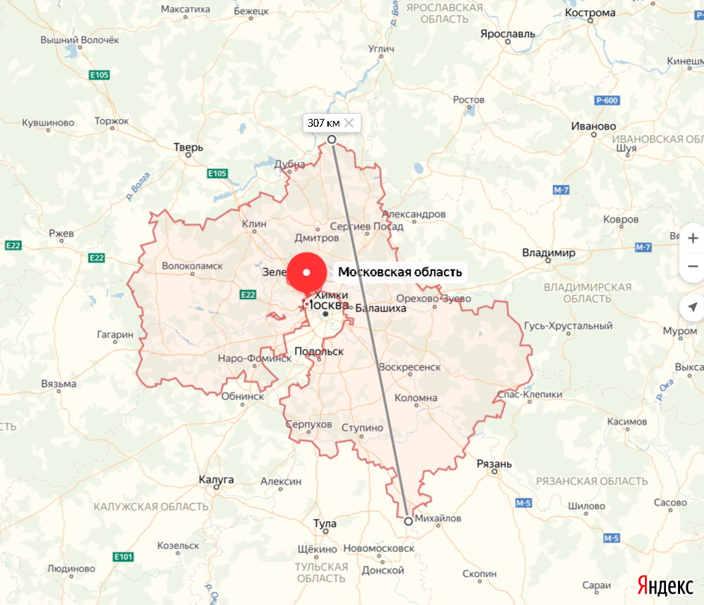 Московская область и её размах на карте Яндекса