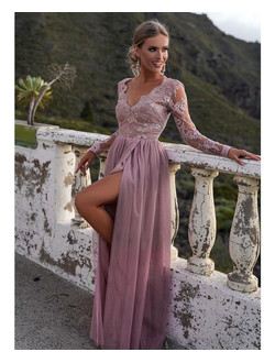 Розовое вечернее платье с рукавами и разрезом "Жанейро" прокат Уфа
