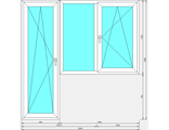 Балконный блок с двустворчатым окном с поворотно-откидной створкой и поворотно-откидной дверью с целиковым стеклопакетом