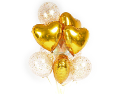 Композиция из гелиевых шаров золотых сердец и прозрачных шаров с золотыми блёстками