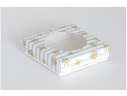 Коробка на 1 печенье 11,5*11,5*3 см (тип: &quot;Ракушка&quot;), Снежинки с голубой полоской