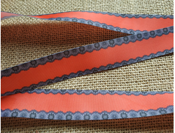 Репсовая лента красная с кружевом по краям, ширина 25 мм, цена за 1 метр