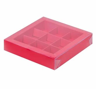 Коробка на 9 конфет 15*15*3 см,  с пластиковой крышкой и с разделителями, Ярко-Розовая