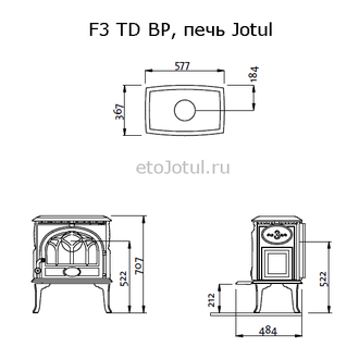 Размеры печи Jotul F3 TD BP, высота, ширина, глубина