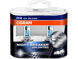 Лампа галогенная Osram H4 Night Breaker Unlimited, 12V 60/55W, +110%+20% белее, 2 шт.