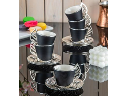 Набор для кофе на 6 персон, черные чашки (фарфор) с серебряной подставкой и металлическими декоративными блюдцами (в коробке)