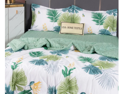 Комплект постельного белья 1.5 спальное или Евро сатин с одеялом покрывалом рисунок Веточки папоротника OB089