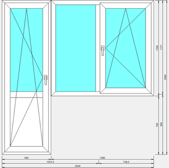 Балконный блок с двустворчатым окном с поворотно-откидной створкой и поворотно-откидной дверью с непрозрачным сэндвичем снизу