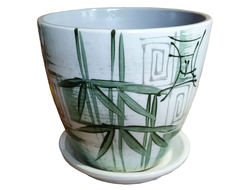 Белый с зеленым стильный керамический горшок с рисунком "бамбук" для комнатных цветов диаметр 12 см