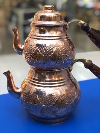 Чайник медный двойной (Caydanlik), большой, цвет «медь», декор &quot;Тюльпаны&quot;, Турция