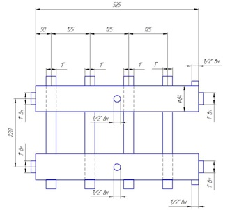 Распределительный коллектор с нижним и верхним выходом, на 4 отопительных контура