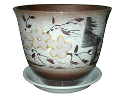 Гранатовый с белым керамический горшок для домашних растений диаметр 13 см с рисунком цветок
