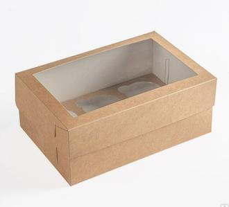 Коробка тонкая на 6 капкейков с Прямоугольным Окном, 23,5*16*10 см, КРАФТ