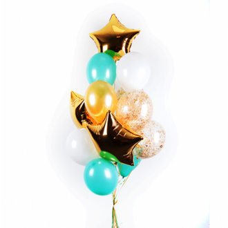Композиция из бело-мятных, прозрачных шаров с золотыми блестками и звездами
