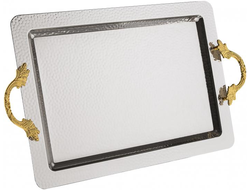 Поднос прямоугольный, "Рябь", декор "Серебро" с золотыми ручками, 25*35 см, Турция