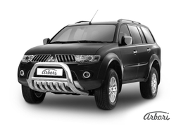 Кенгурятник d76 низкий с защитой картера Arbori нерж. сталь для Mitsubishi PAJERO SPORT 2002-2010 ( AFZDAMPS01 )