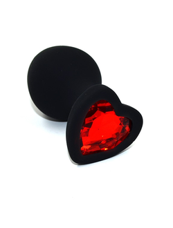 Черная анальная пробка из силикона с красным кристаллом в форме сердца M
