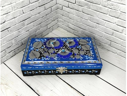 Шкатулка для денег серебристо-голубая 180х100 мм деревянная с росписью Хохлома