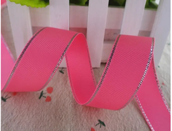 Репсовая лента с люрексом,  цвет ярко-розовый,  ширина 25 мм, цена за 1 м