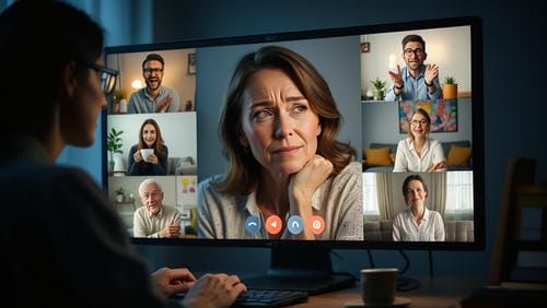 Участник групповой терапии в zoom смотрит в сторону, рука тянется к кнопке отключения микрофона, дру