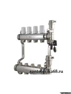 Коллекторная группа из нержавейки в сборе Valtec 1" х 4 выхода Евроконус 3/4 для теплого пола