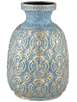 Ваза декоративная керамическая синяя с восточным орнаментом низкая.