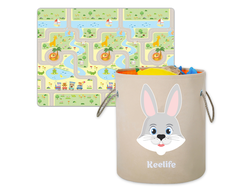 Комплект рулонный коврик Дороги и Холмы 180х200х1см+корзина для игрушек Кролик оранжевый