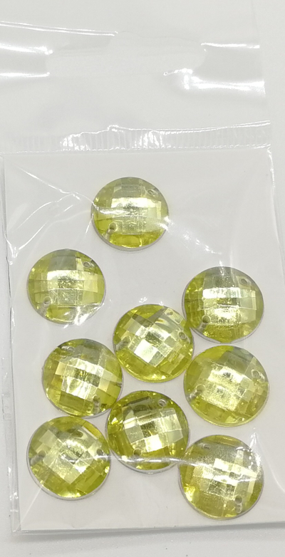 Стразы акриловые пришивные круглые 14 мм, цвет желто зеленый