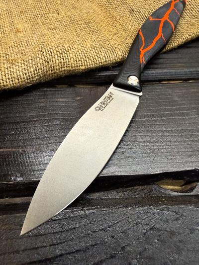 Фрикционный складной нож Канадец Большой сталь ELMAX, рукоять G10/микарта оранжевая молния