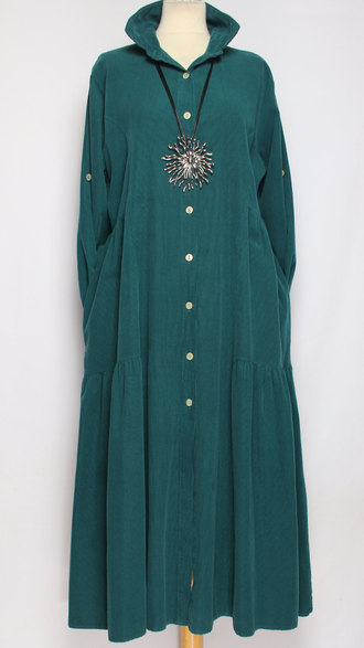 Платье-рубашка Бохо "Вельвет карманы ярусы" изумруд, бирюза до р.52