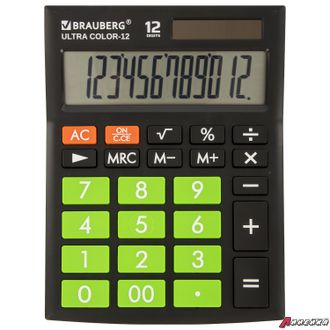 Калькулятор настольный BRAUBERG ULTRA COLOR-12-BKLG (192×143 мм), 12 разрядов, двойное питание, ЧЕРНО-САЛАТОВЫЙ. 250498
