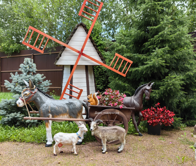Садовая фигура ОСЛИК С ТЕЛЕЖКОЙ 98*2500см полистоун/дерево Россия ( Ослик без телеги 98*100см 11,7кг - 13940р; телега без ослика 150*60*62см - 12890р)  1,1м3  19348/016708  Экономия при покупке комплекта 2850р