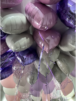 Шары (розовый, сиреневый, белый, прозрачные с конфетти), сердечки (розовый, сиреневый, белый, градиент бело-розовый) 40 шт в потолок