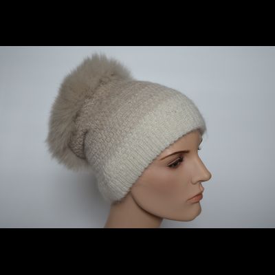 Стильная шапка вязаная с мехом Vizio Италия 6711 TP белая с бежевым