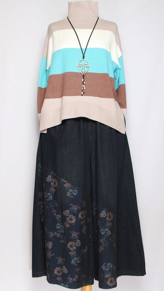 ЮБКА-БРЮКИ  джинсовая "Цветы розовые " синяя р.50-58