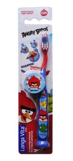 Детская зубная щетка Angry Birds, от 5-ти лет, с присоской и защитным колпачком, синяя, Longa Vita.