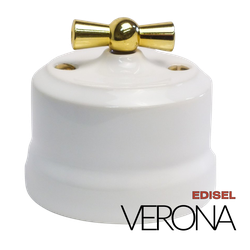 керамический ретро выключатель 2 клавишный белый Verona с золотой ручкой