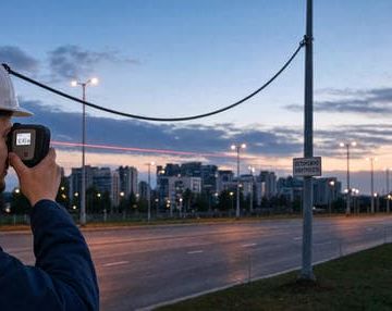 Процесс измерения стрелы провеса СИП на объекте с использованием теодолита