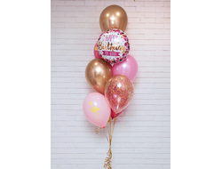 Связка из шаров "С днем рождения" Включает в себя ( 2 однотонных шаров,  1 шара с конфетти, " 2 шара с рисунком, 2 шара хром, и фольгированная шар с Д.Р.)