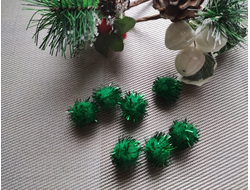 Помпоны с люрексом, цвет зеленый, набор 10 шт, диаметр 20 мм