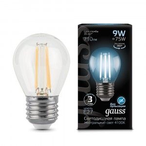 Gauss Filament Шар G45 E27 9W(710lm) 4100K 4K прозр. 80x45 филамент (нитевидная) 105802209