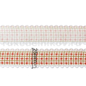атласная лента "Клетка", ширина-25 мм, оттенок-красный, отрезок-1 метр
