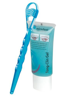 Набор Tong-Clin Set: скребок с щетинками для чистки языка Tong-Clin De Luxe, голубой + антибактериальный гель для чистки языка Tong-Clin Gel, 50 мл, Miradent.