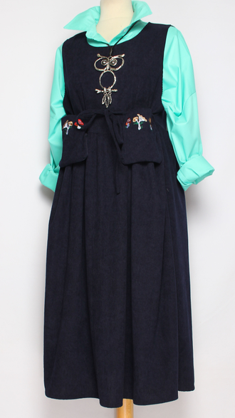 Сарафан  Бохо вельвет "Карманы аппликации" синий до р.46-50