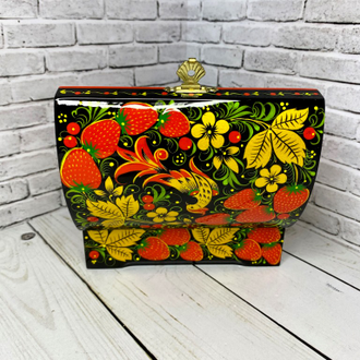 Деревянная шкатулка сундучок Птица с клубникой 120*80 мм для украшений с росписью Хохлома