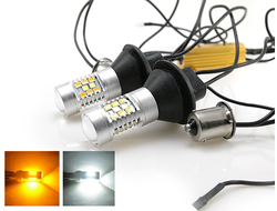 Лампа светодиодная двухрежимная LED S25 (1156) 28 SMD (2835+3030) с линзой (Белый+Желтый), с резистором и проводкой, комплект (2шт)