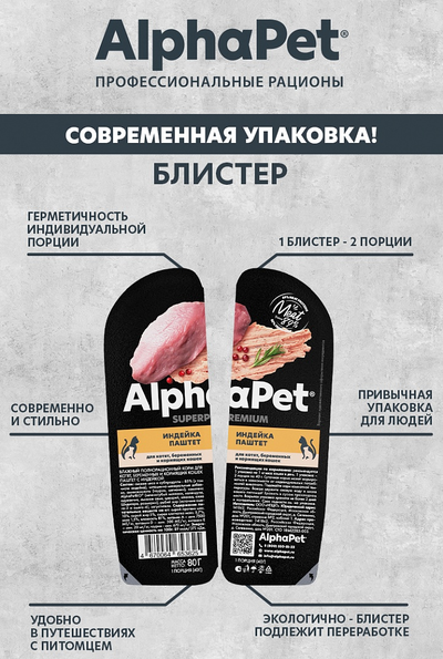 AlphaPet (АльфаПет) Влажный корм (пауч) для котят, беременных и кормящих кошек, паштет с Индейкой, 80 г