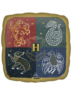 Шар (18''/46 см) Квадрат, Гарри Поттер, Герб Хогвартс black gold, 1 шт. в уп.