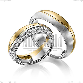 Обручальные кольца узкие из белого и желтого золота с бриллиантами в женском кольце с выпуклым профи