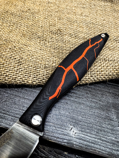Фрикционный складной нож Канадец Большой сталь AUS10Co, рукоять G10/микарта оранжевая молния